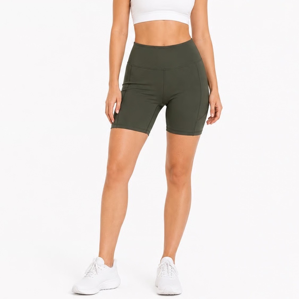 LegEnd Womens High Waisted Biker Shorts Olive Green Side Pockets Size Large